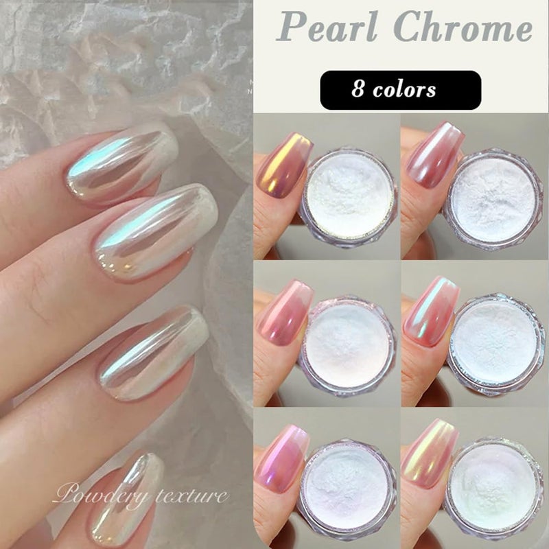 Pretty Diva 8 Colors Iridescent Pearl Chrome Nail Powder, Aurora Pearl Nails Chrome White Pearl Chrome Powder for Nails Metallic Manicure Pigment - Image 4